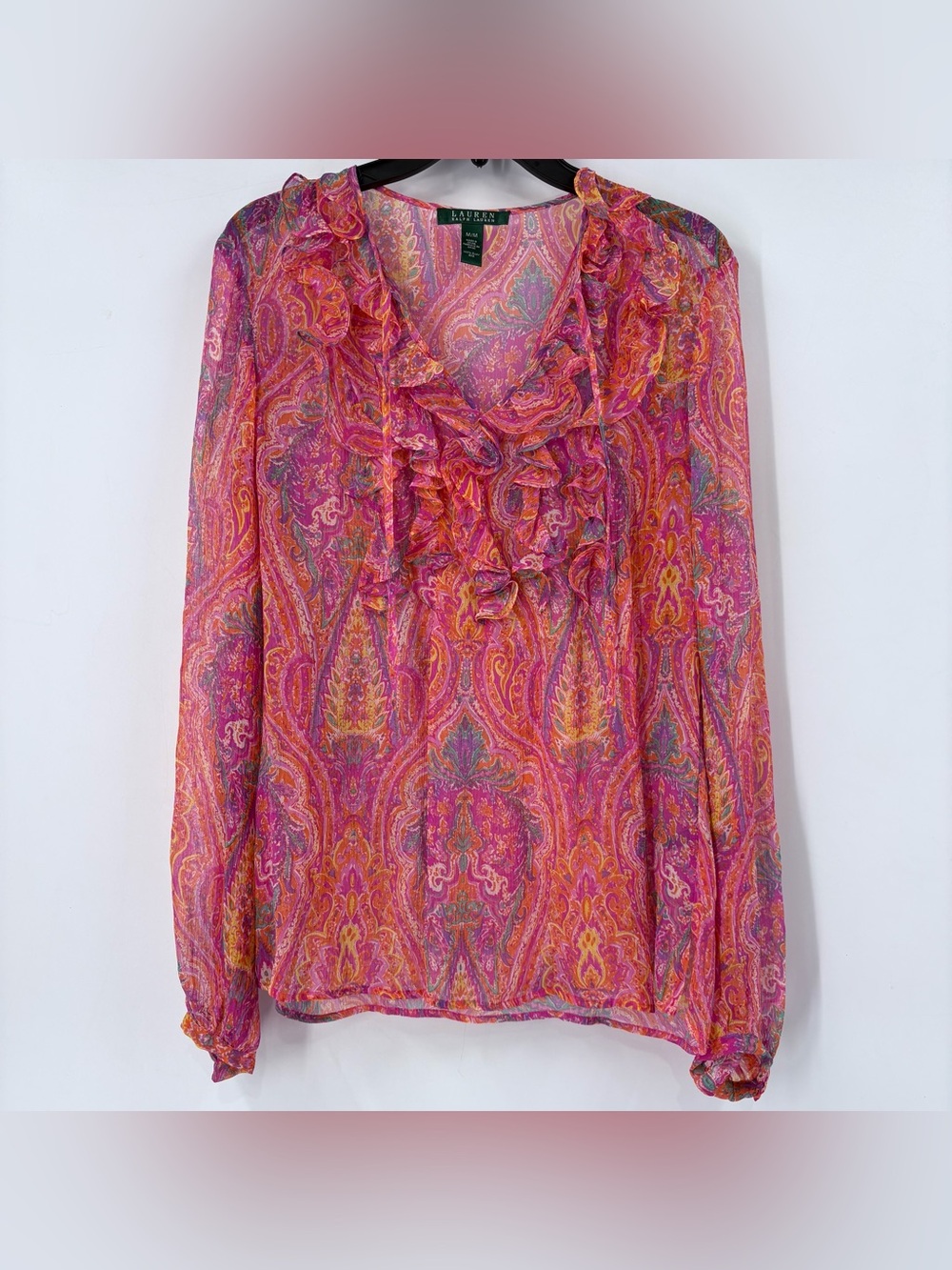 Lauren Ralph Lauren Silk Ruffled Paisley Long Sleeve Blouse